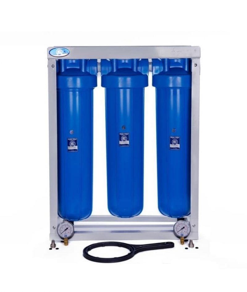 20″-os Big Blue szűrőház 3 db-os állványon szűrőház kulccsal szűrő nélkül Aquafilter